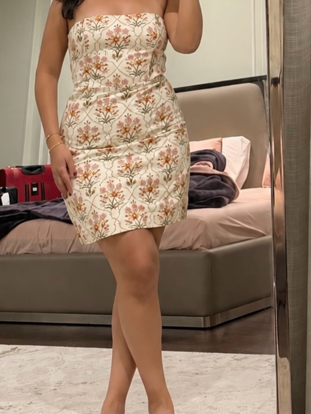 Favorite Daughter Strapless Floral Mini Dress in White, Pink & Gold